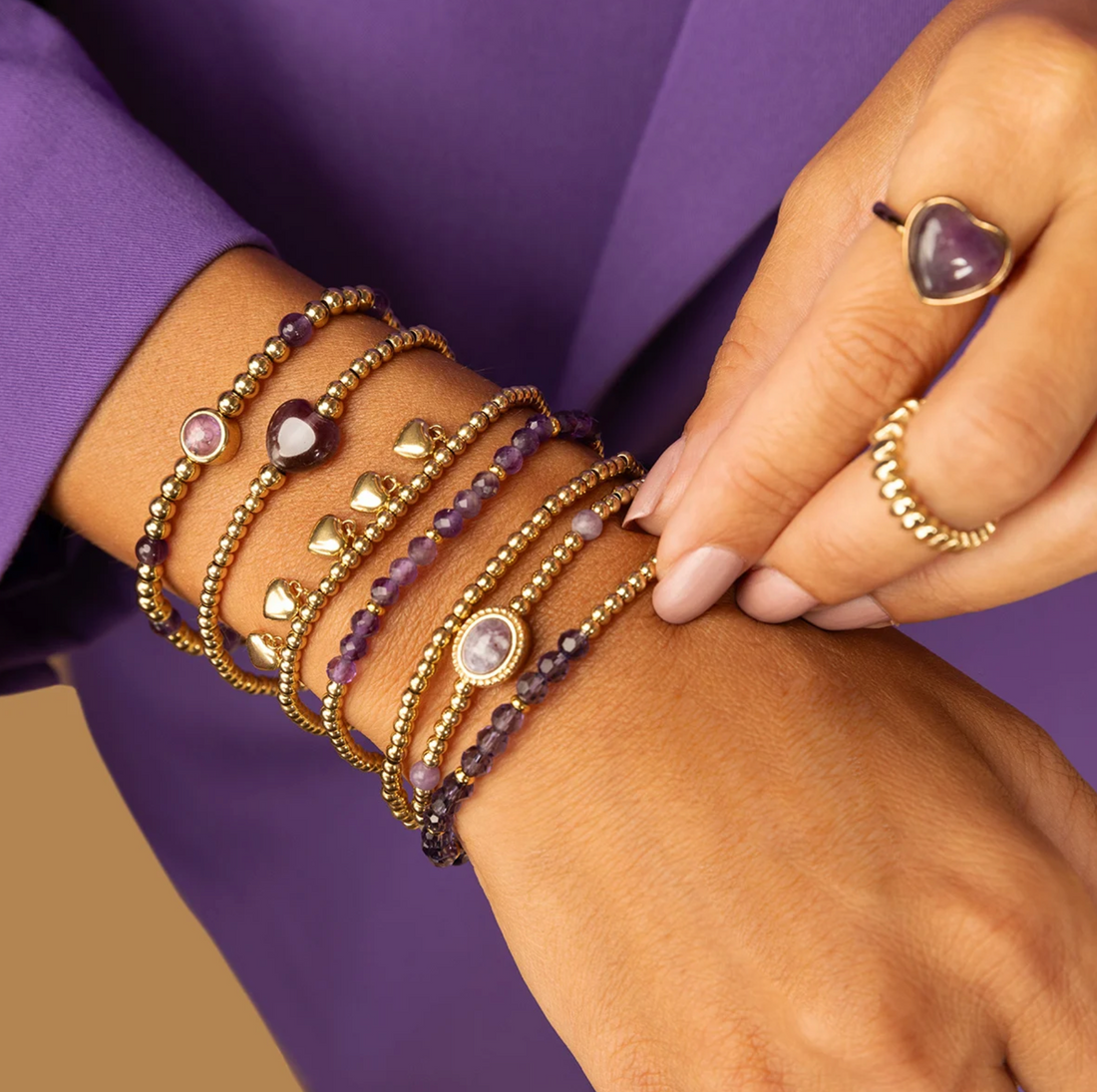 My Bendel - Gouden Kralen Armband Met Ovale Lila Quartz Edelstenen