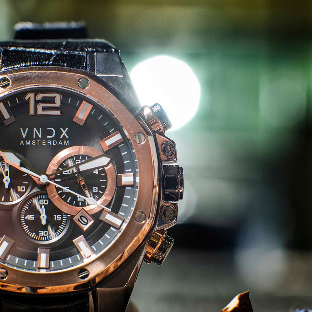 Heren horloge VNDX Amsterdam Wise Man Rose Goud horloge Roestvrijstalen kast Chronograaf Leren band 10 ATM Waterdicht