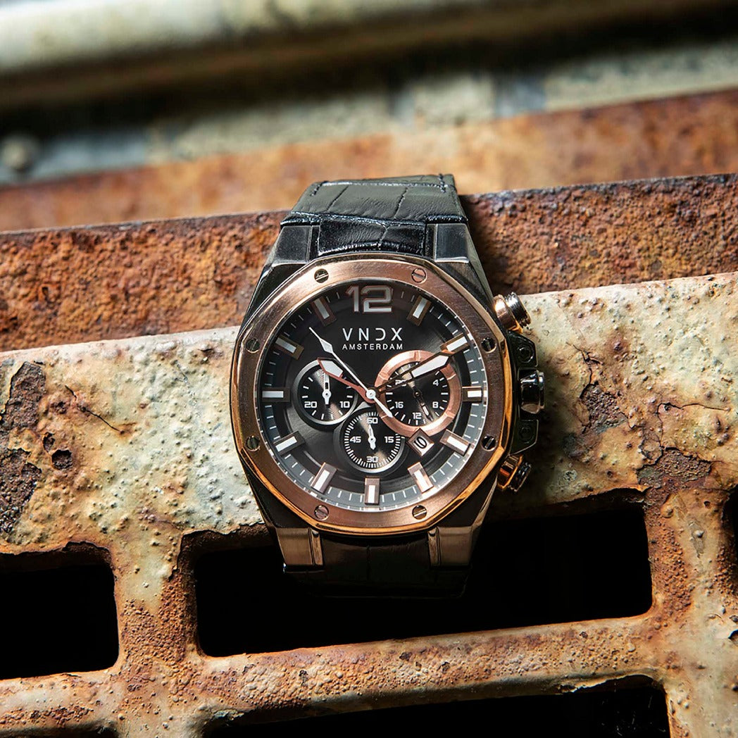 Heren horloge VNDX Amsterdam Wise Man Rose Goud horloge Roestvrijstalen kast Chronograaf Leren band 10 ATM Waterdicht