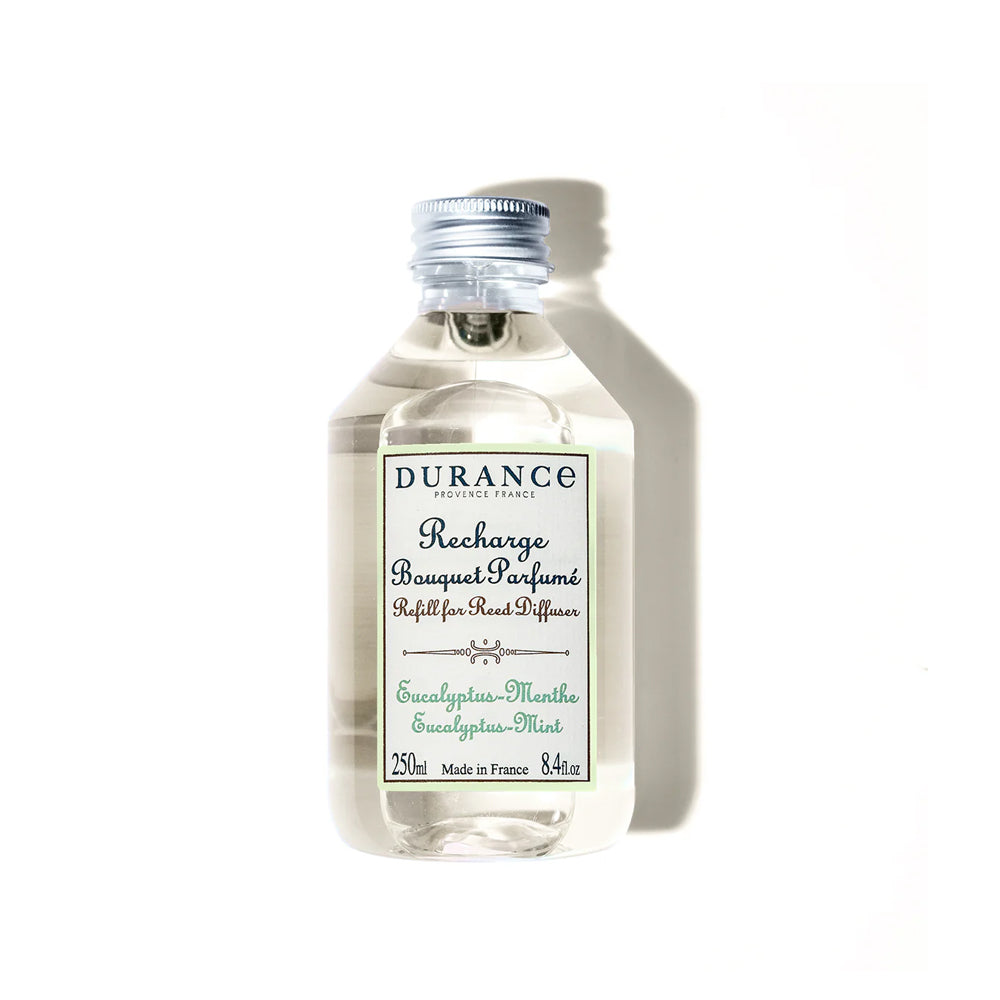 250 ml Durance navulling voor geurstokjes in de geur eucalyptus mint.