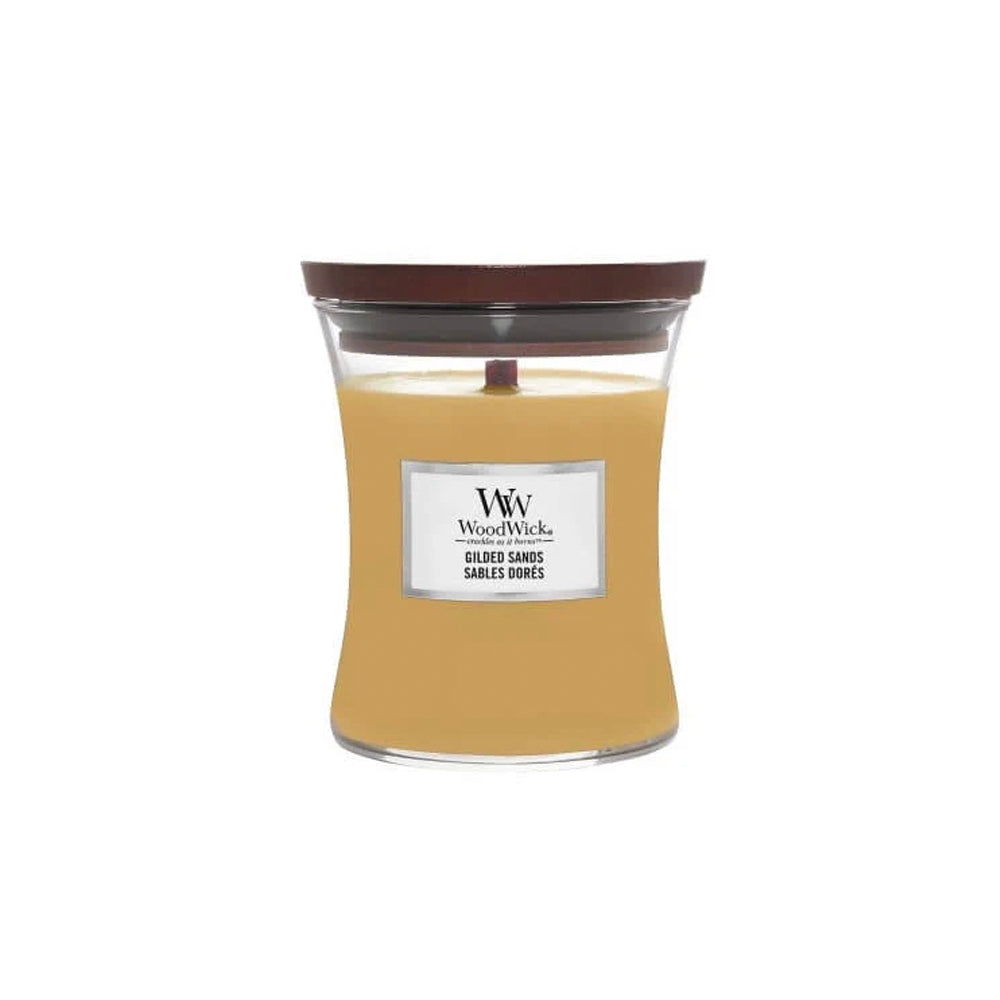 geurkaars woodwick medium gilded sands