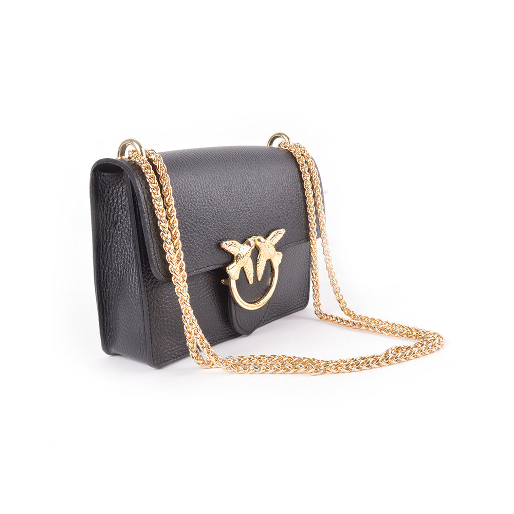 zwart leren handtas met gouden vogels