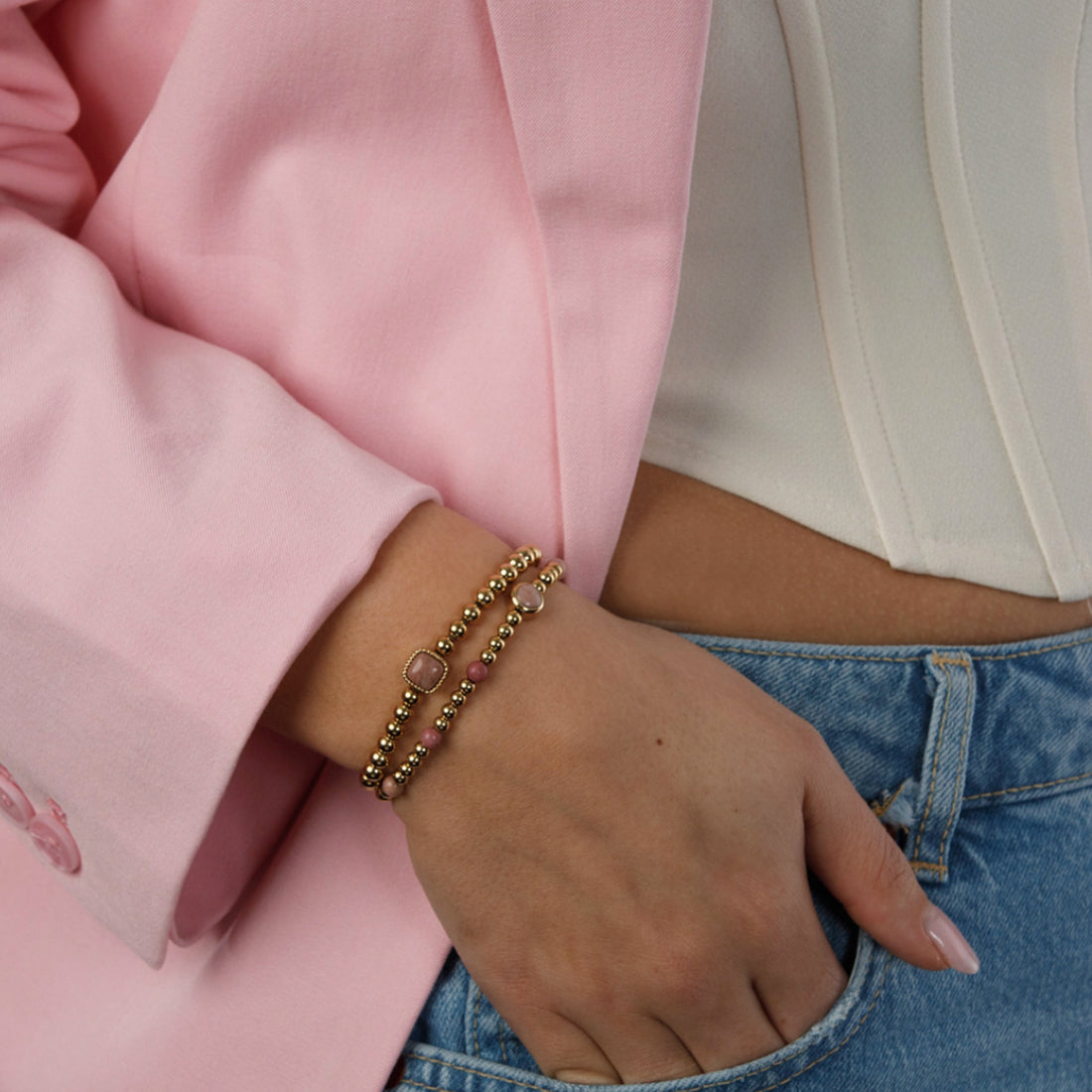 My Bendel - Gouden Kralen Armband Met Rhodonite Edelsteen