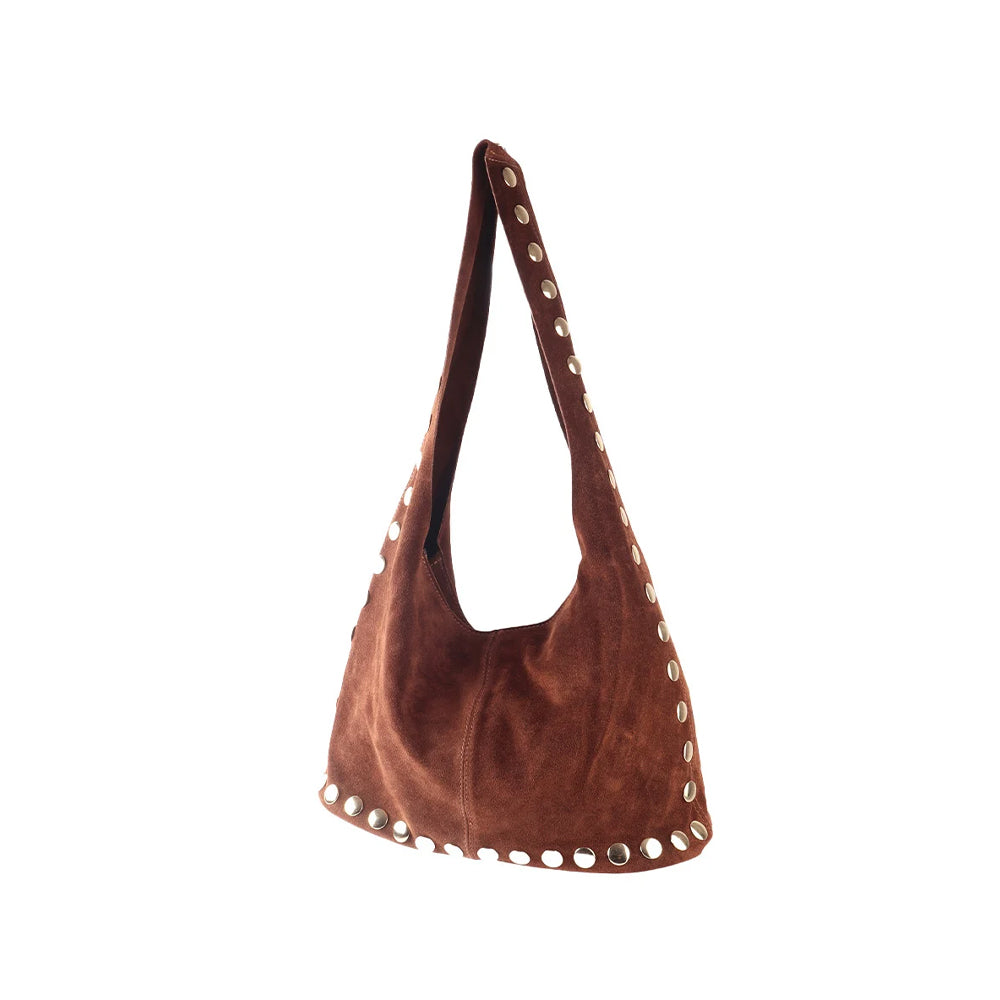 Suede Handtas Met Studs - Bruin
