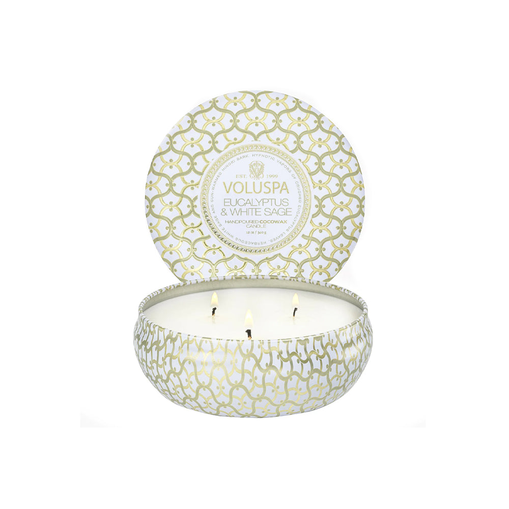 voluspa geurkaars eucalyptus & white sage groot blikje