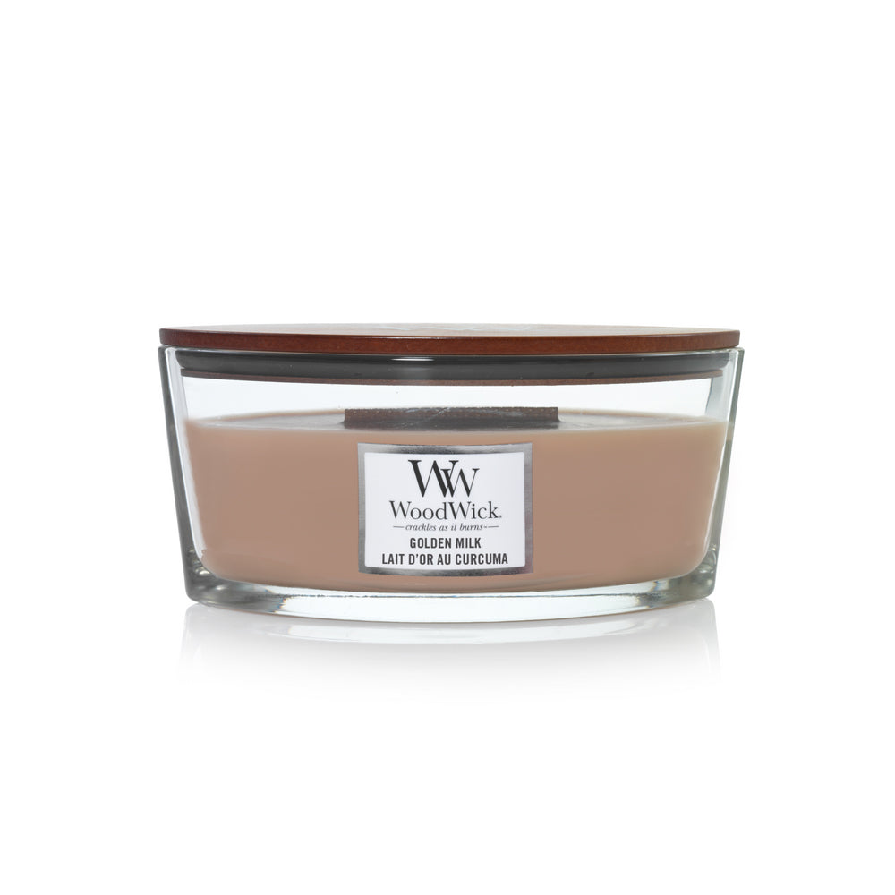bruine woodwick geurkaars ellipse golden milk