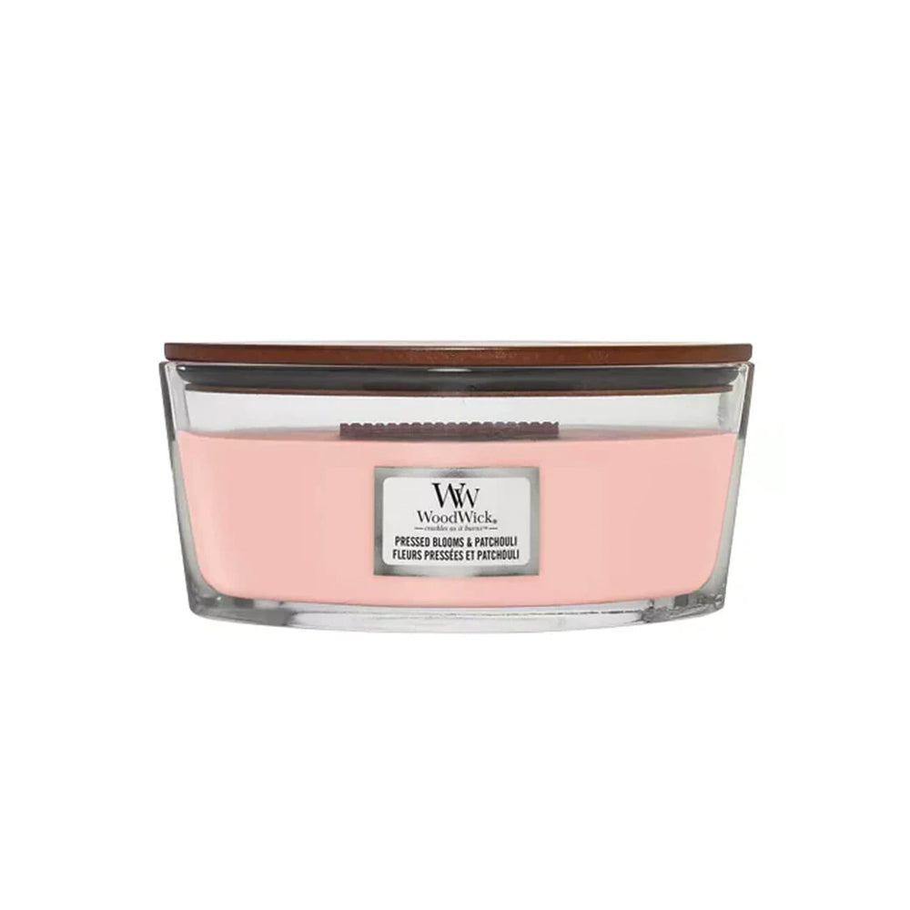 roze woodwick geurkaars ellipse pressed Blooms & patchouli