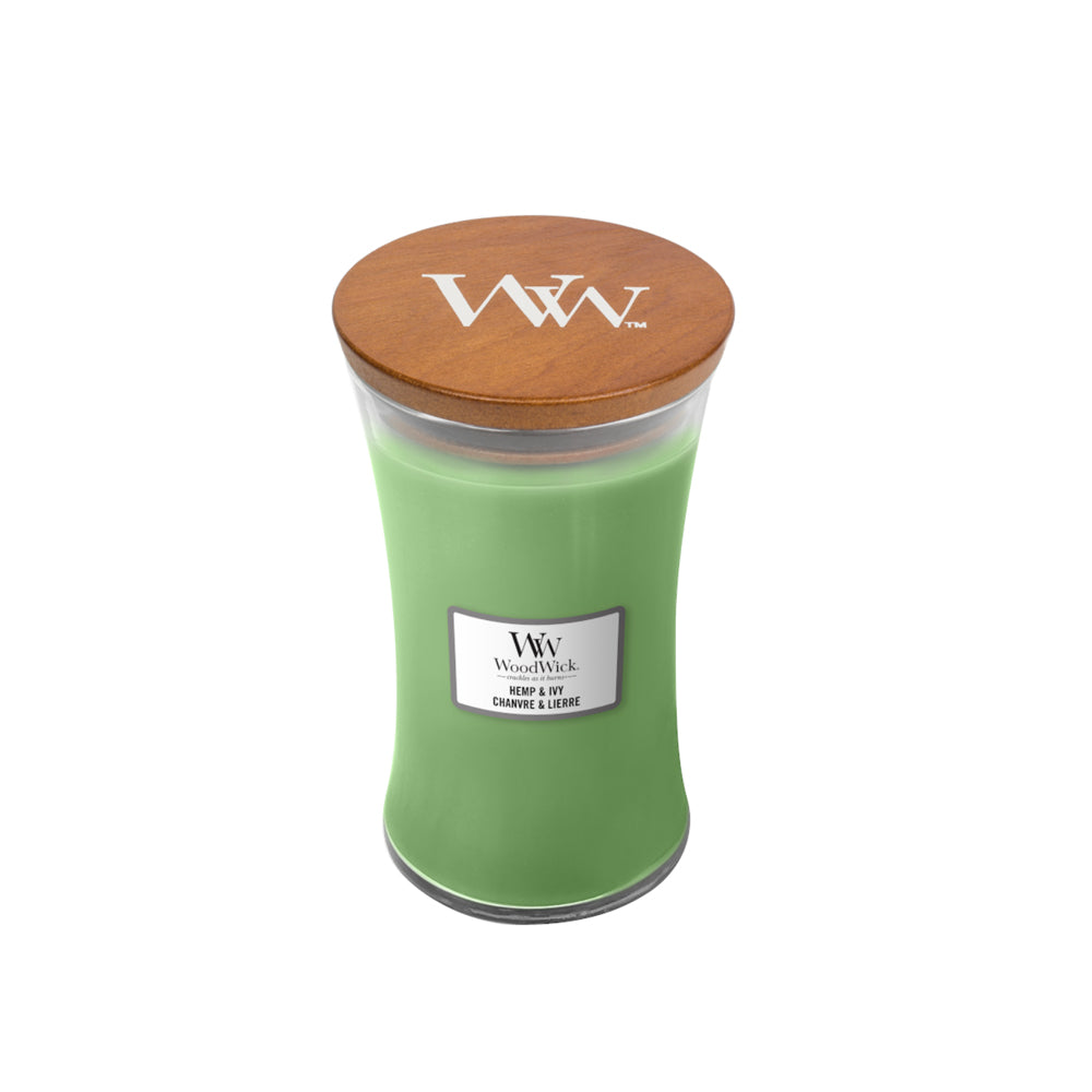 groene woodwick geurkaars large hemp & ivy