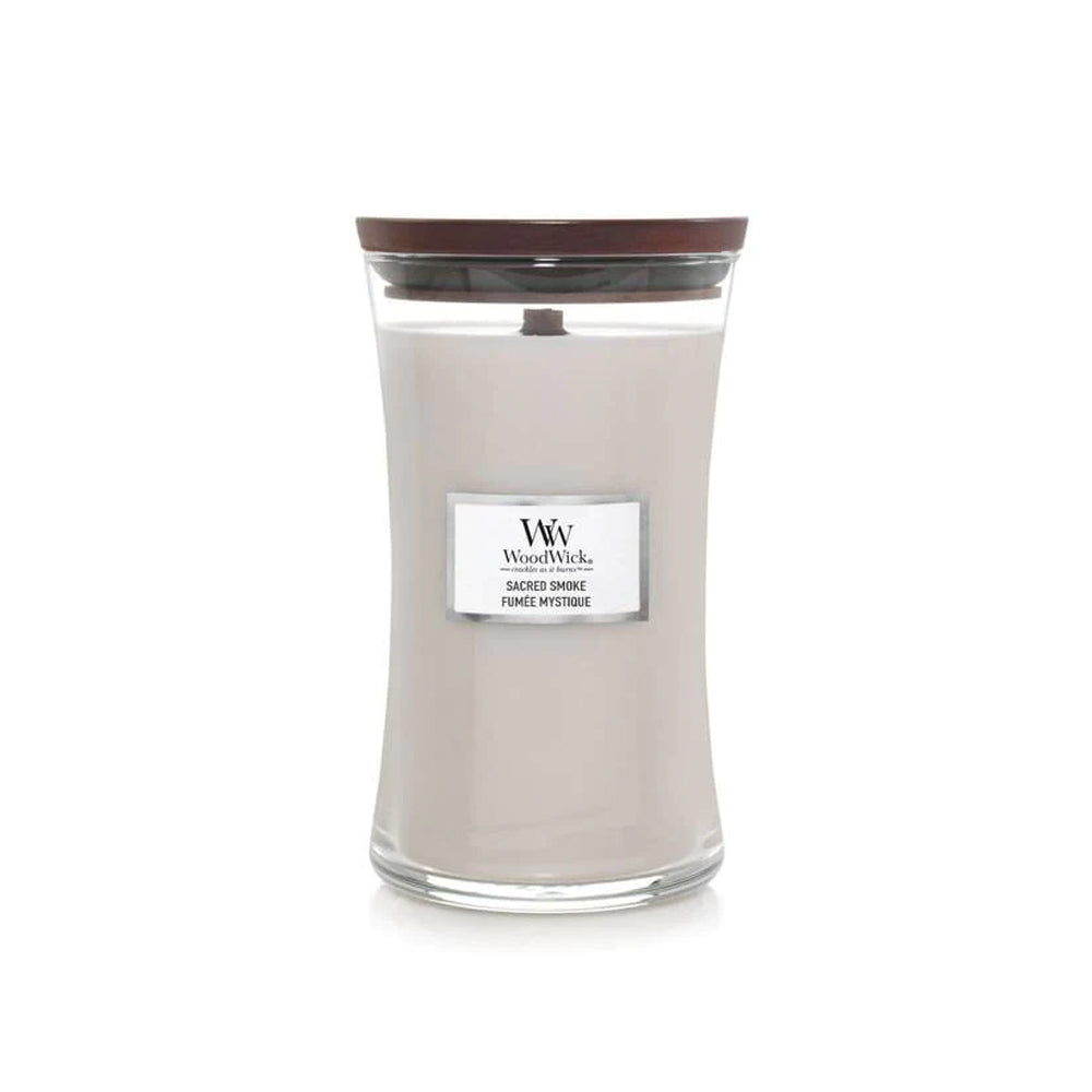 grijze woodwick geurkaars large sacred smoke