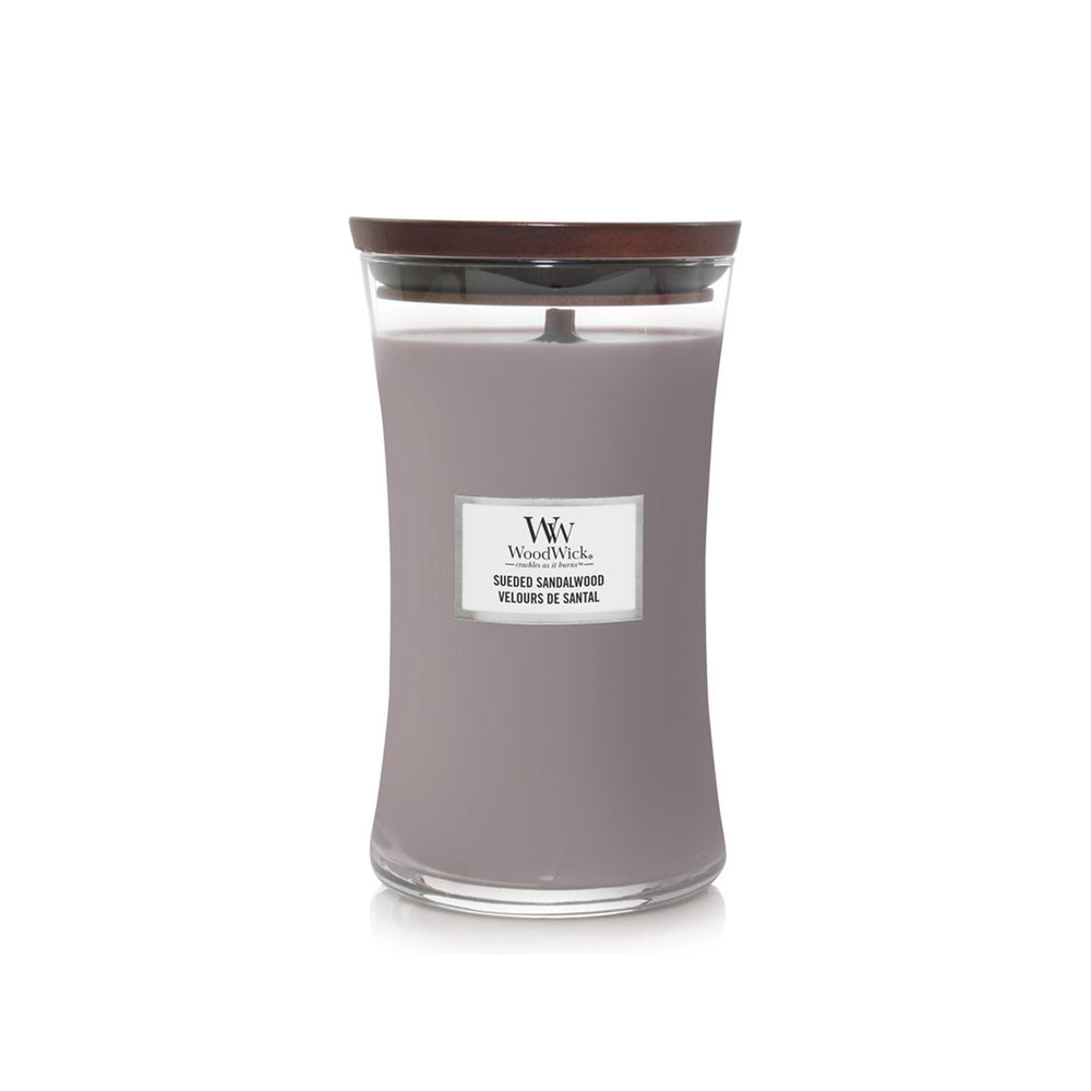 grijze woodwick geurkaars large sueded sandalwood