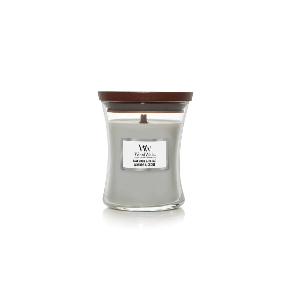 grijze woodwick geurkaars mini lavender & cedar