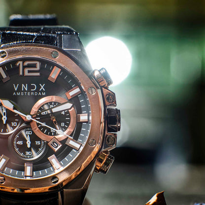 Heren horloge VNDX Amsterdam Wise Man Rose Goud horloge Roestvrijstalen kast Chronograaf Leren band 10 ATM Waterdicht