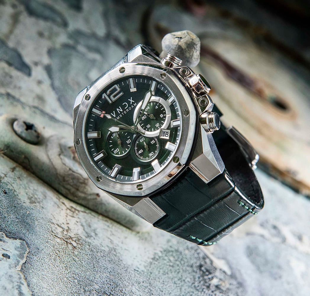 Heren horloge VNDX Amsterdam Stoer horloge mannen Chronograaf leren band Roestvrijstalen kast