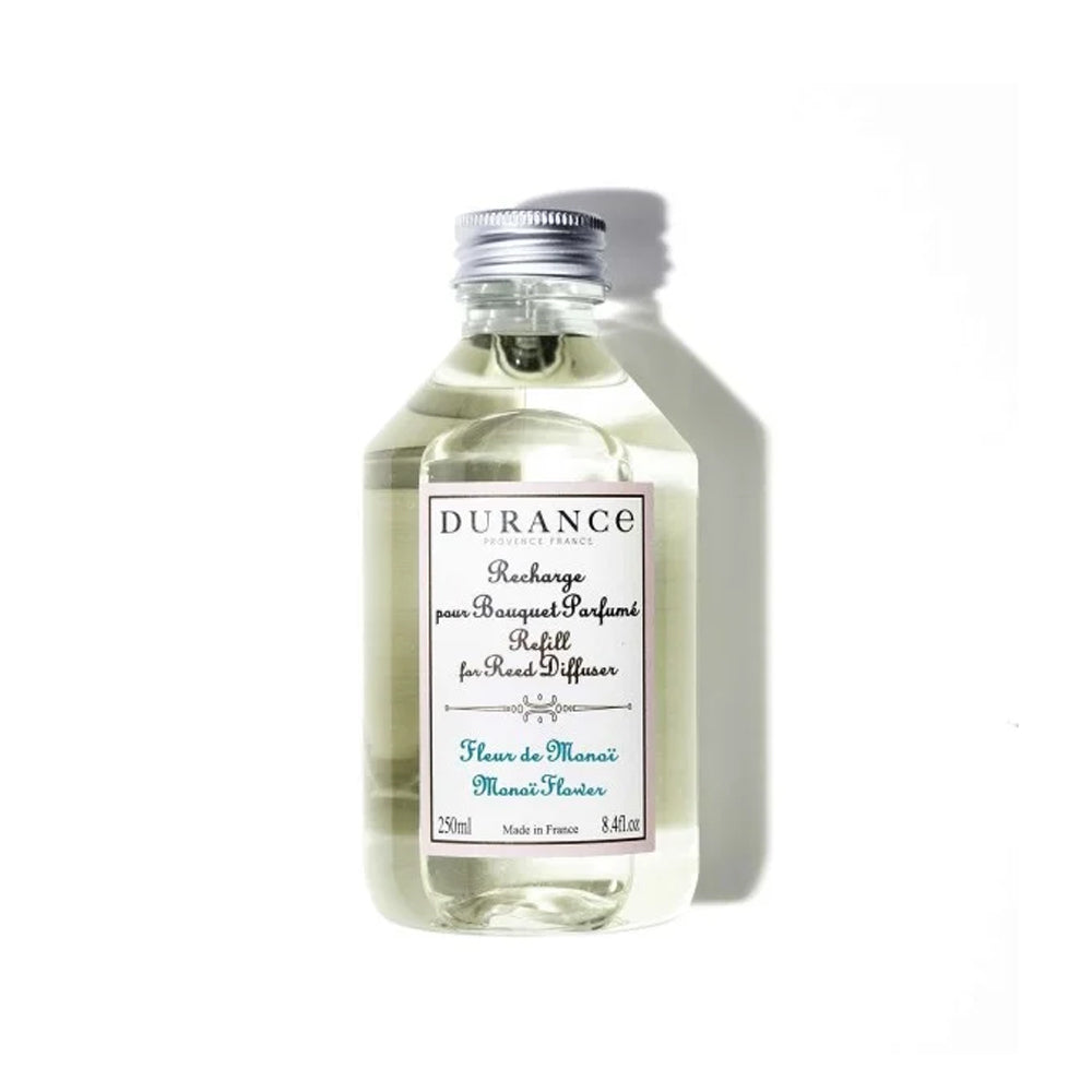 250 ml Durance navulling voor geurstokjes in de geur Monoi Flower.