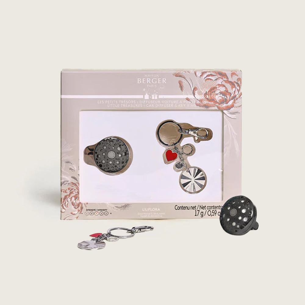 Lampe Berger - Giftset Autoparfum Ophelia - Inclusief Sleutelhanger - Gun Metal / Silver