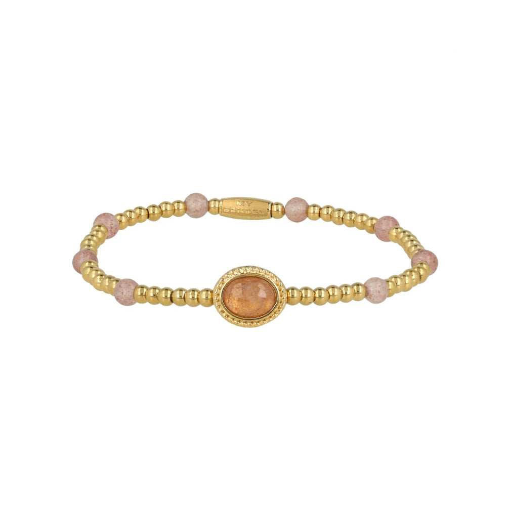 My Bendel - Gouden Kralen Armband Met Ovale Berry Quartz Edelstenen