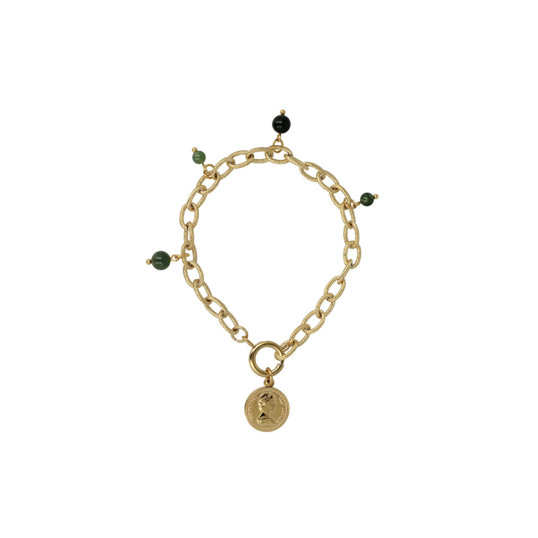 My Bendel - Gouden Schakel Armband Met Moss Agate Bedels