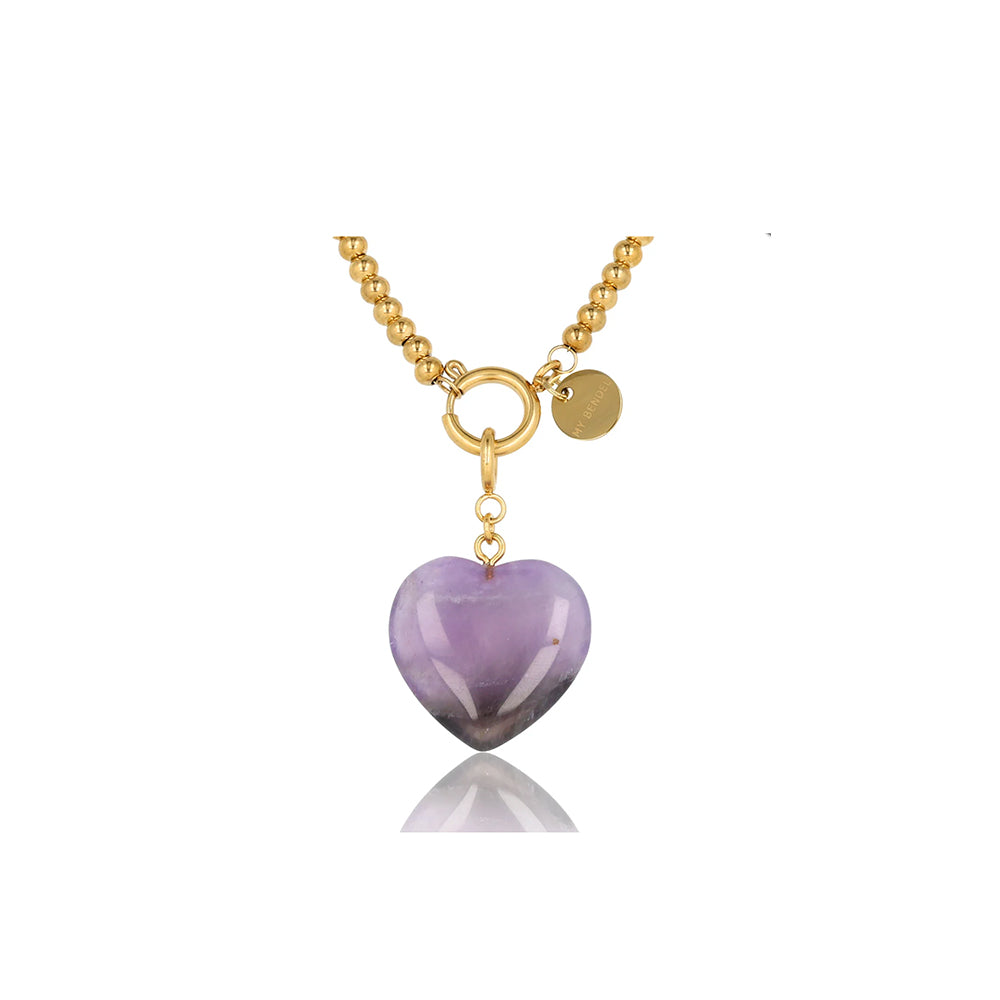 gouden ketting van my bendel met hartjes hanger van paarse amethist steen 