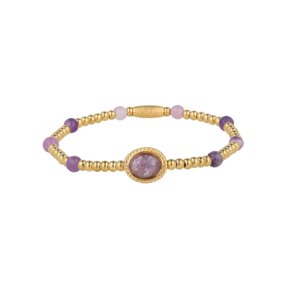 My Bendel - Gouden Kralen Armband Met Ovale Lila Quartz Edelstenen