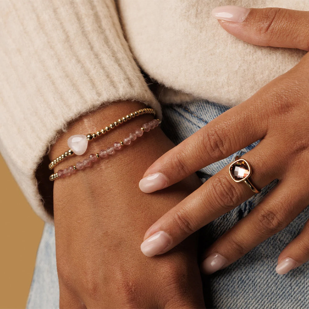 my bendel armband goud met rozequartz kraaltjes of hartje