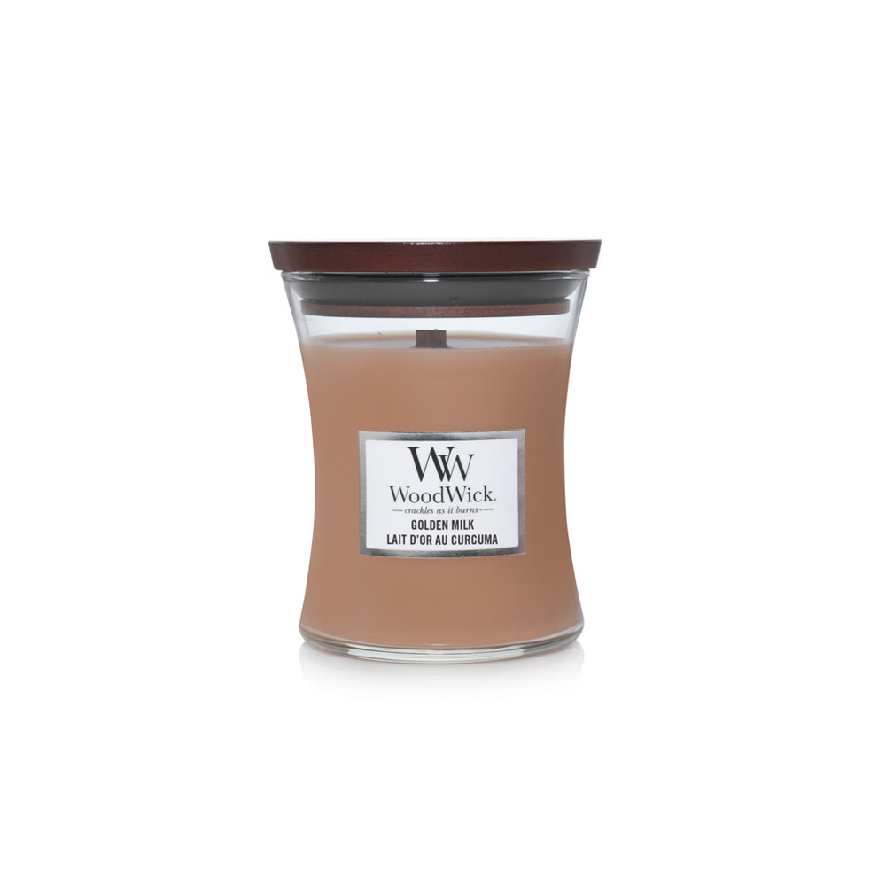 bruine woodwick geurkaars medium golden milk