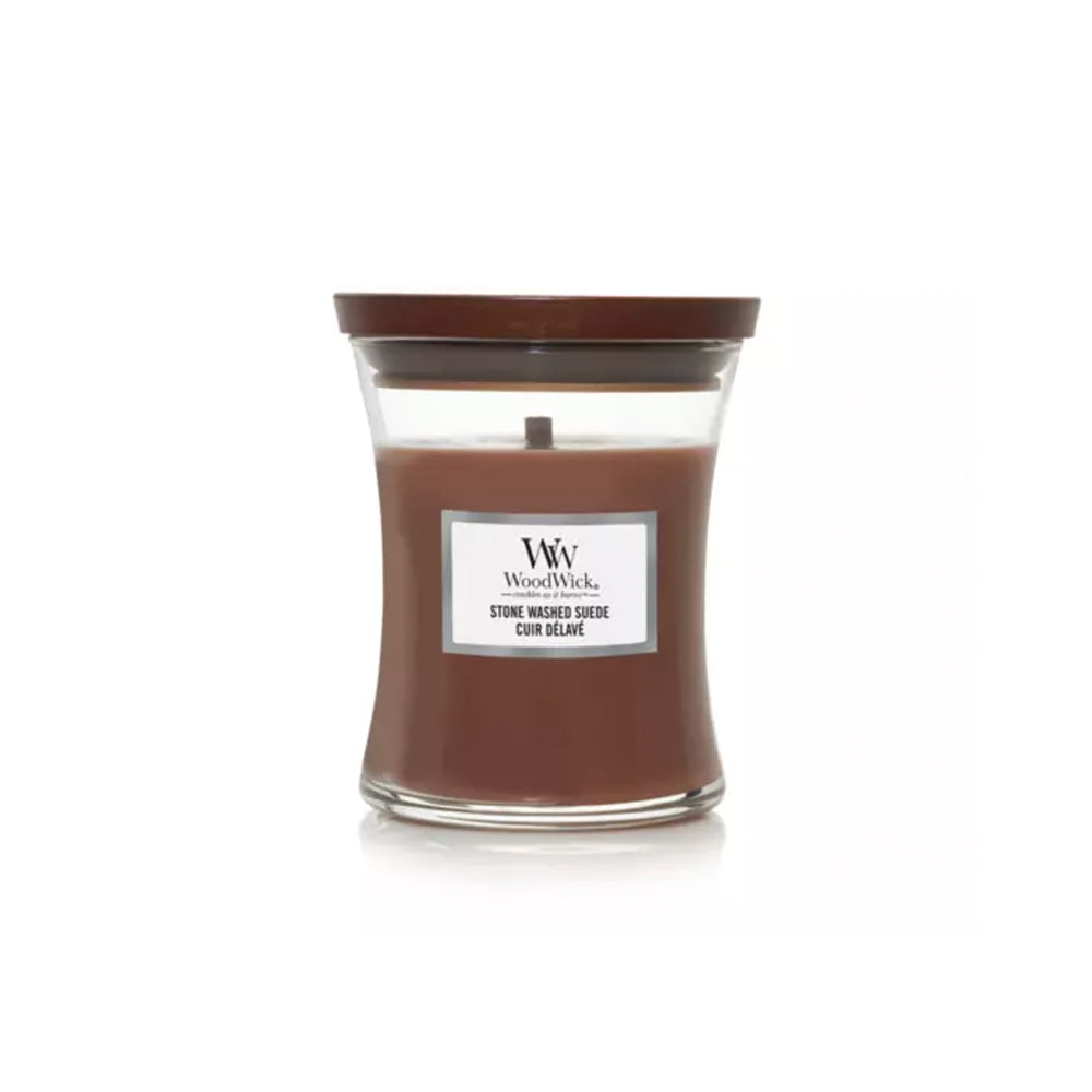 bruine woodwick geurkaars medium stone washed suede